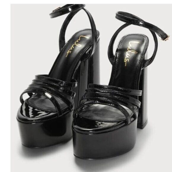 Lulu's Shoes - Lulus Women's Shiny Platform Sandals Strappy Chunk Heels Black Size 6